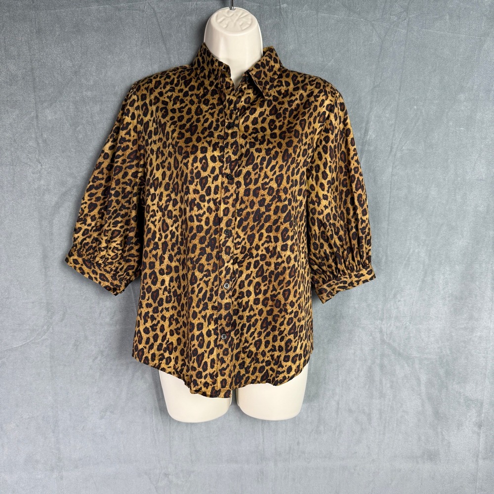 Lauren Ralph Lauren Top Dress Shirt M Leopard Print Cotton Puff Sleeve Button